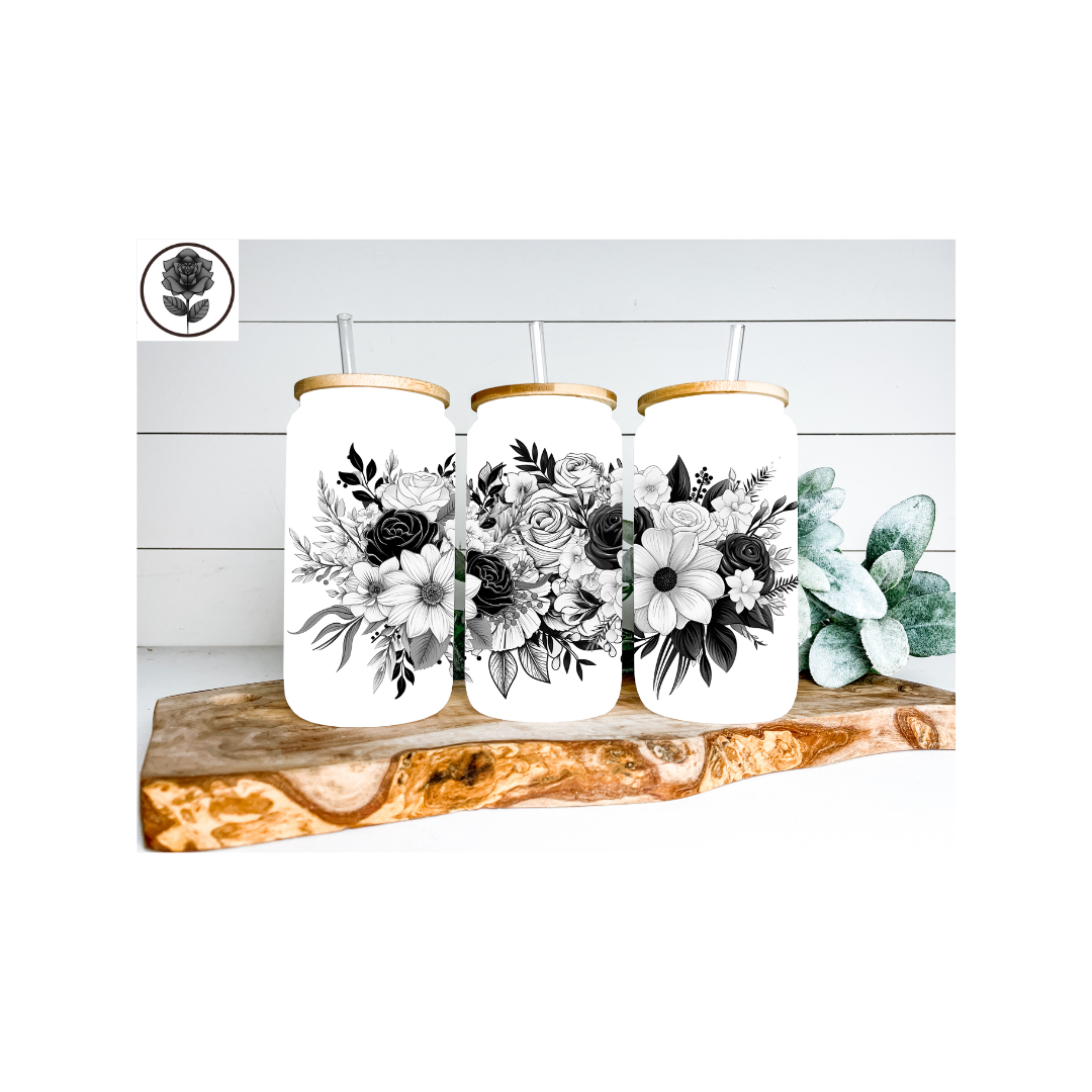 Black Floral Glass Cup