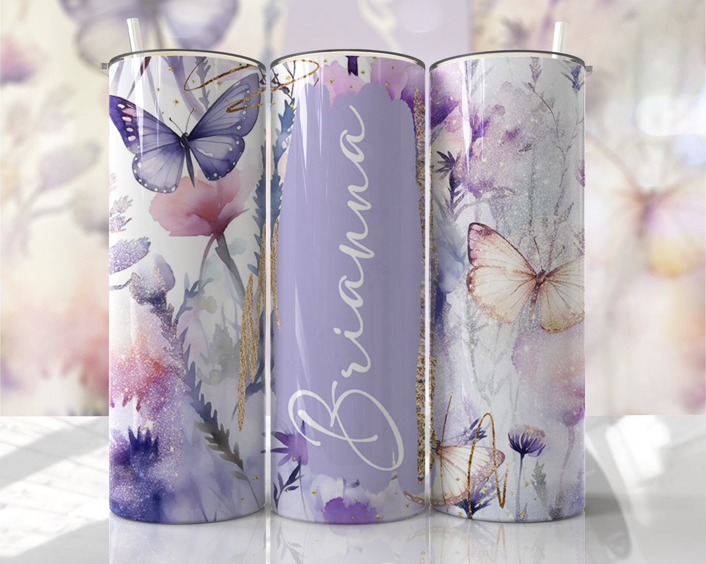 Purple Butterflies with Custom Name Tumbler