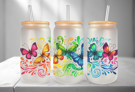 Rainbow Butterflies Glass Cup