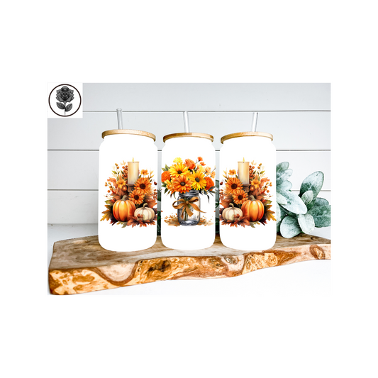 Fall Flowers Glass Cup