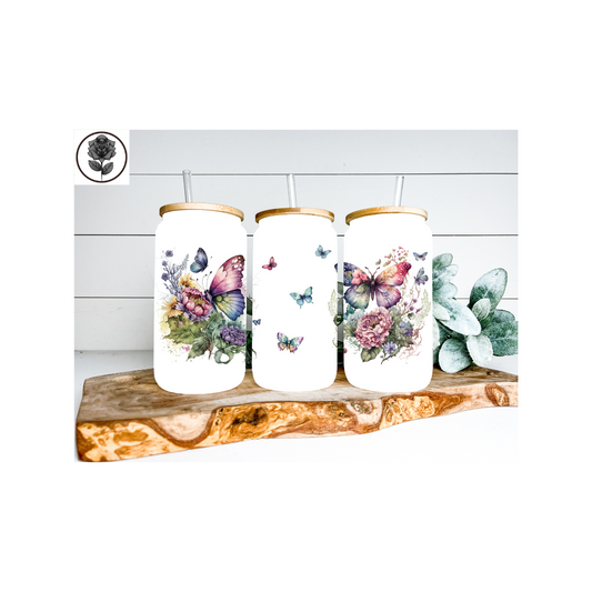 Flowers Butterflies Glass Cup