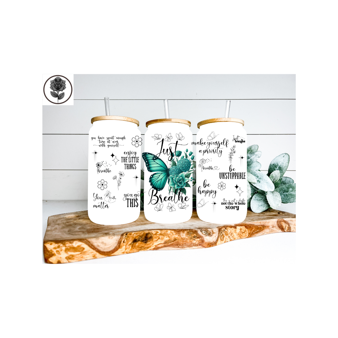 Motivational Just Breathe Teal Butterfly Glass Cup